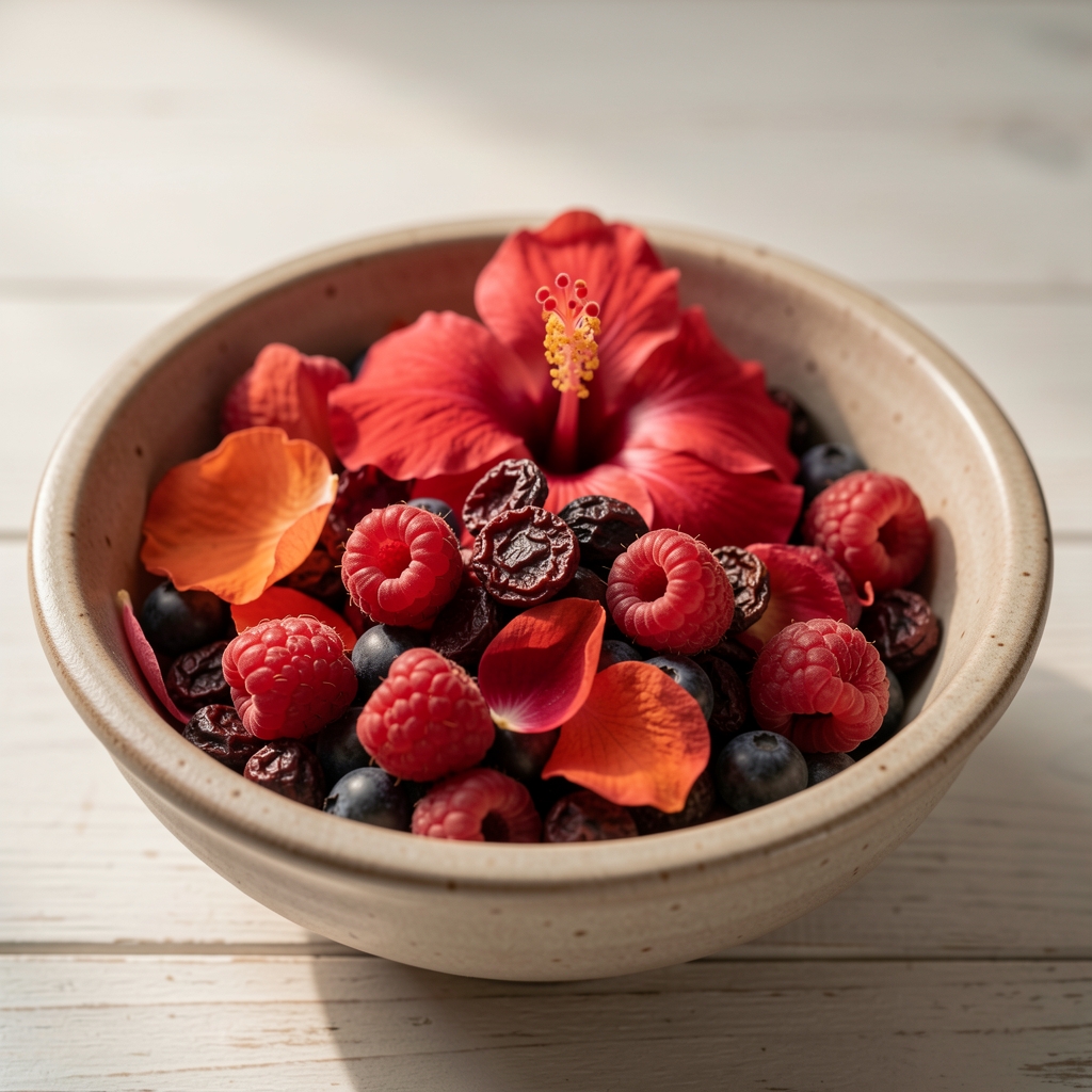 Mezcla de hibisco, frambuesas secas y pétalos en cuenco de cerámica