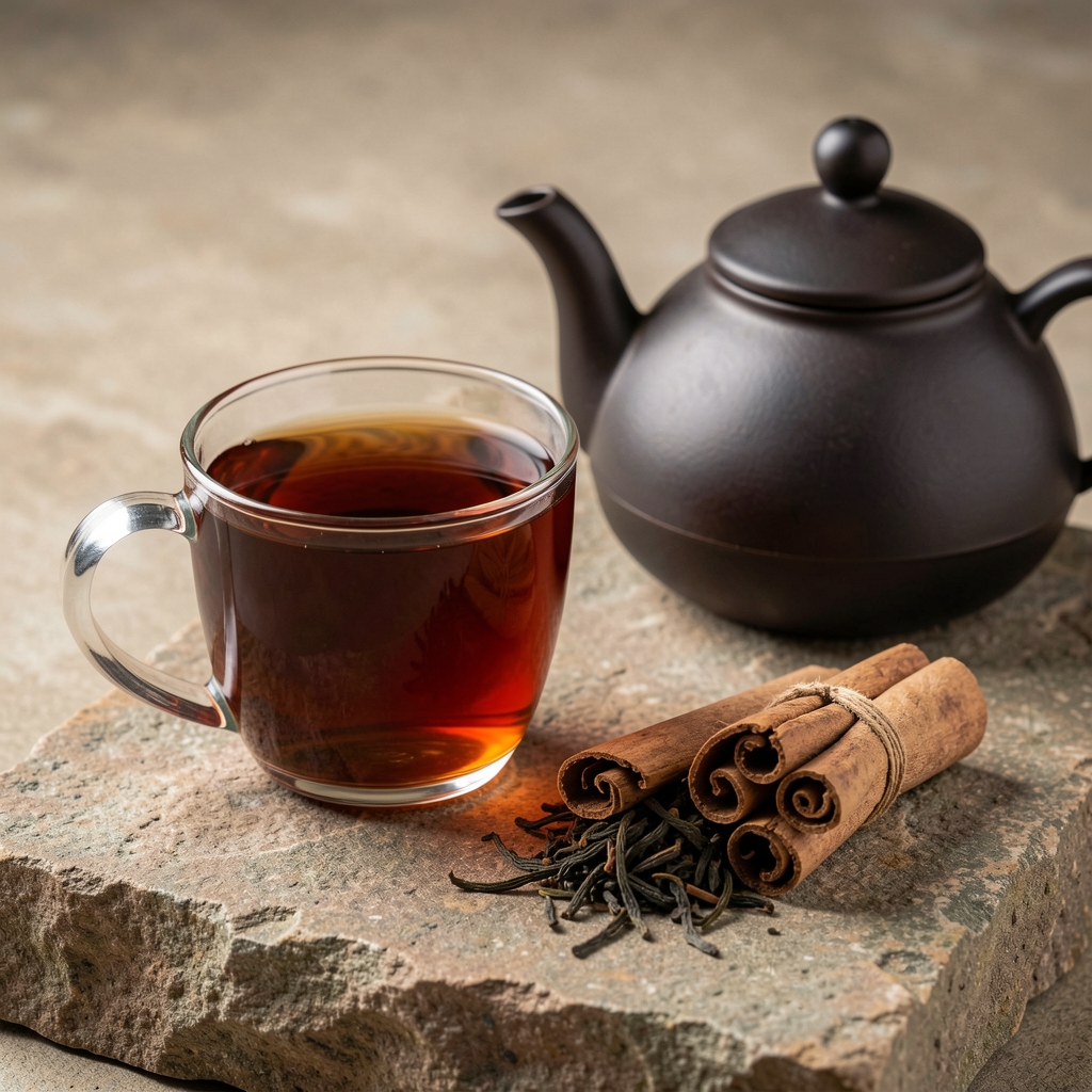 Taza de té negro ámbar junto a hojas enrolladas y tetera oscura sobre piedra