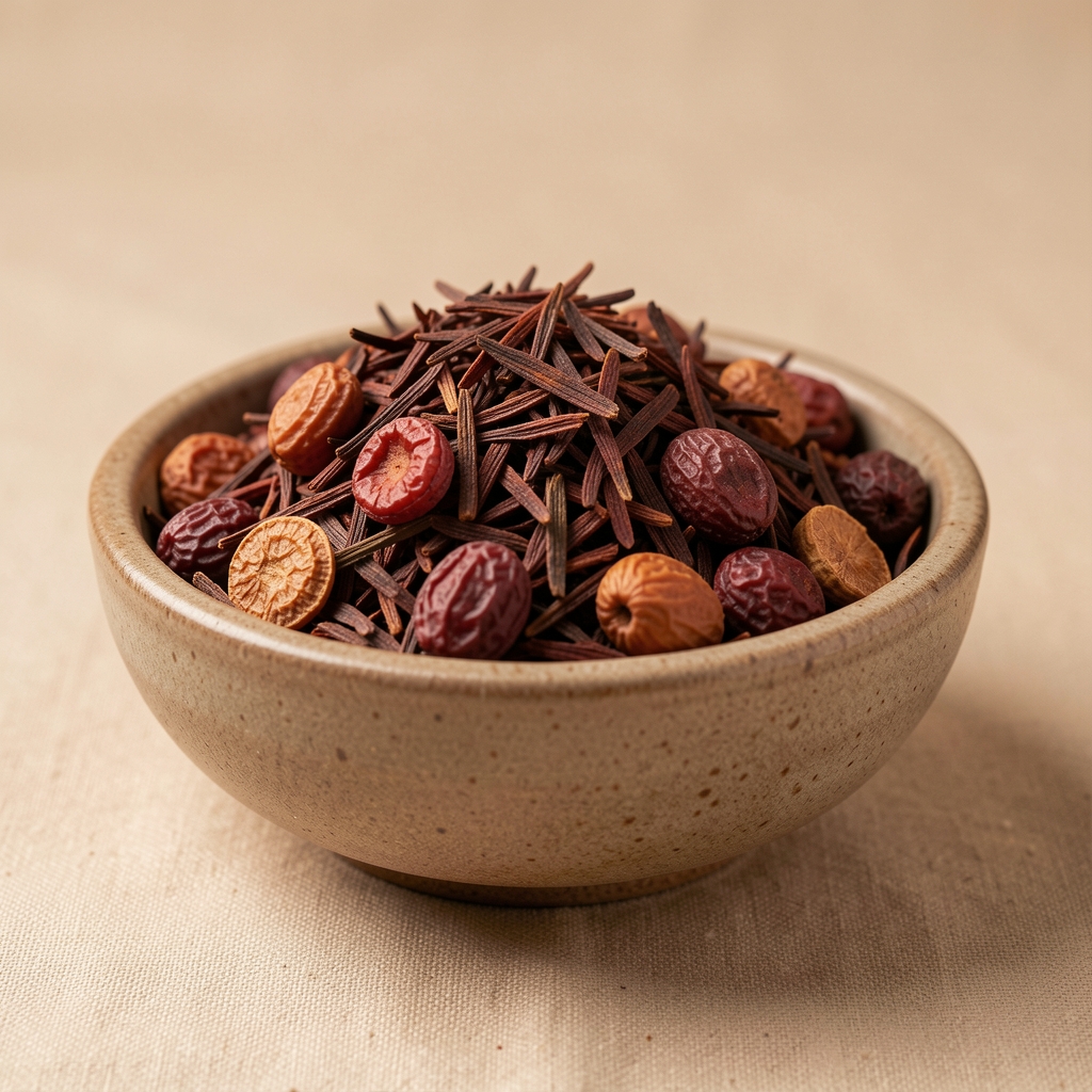 Rooibos rojo y frutos deshidratados en cuenco artesanal sobre fondo beige