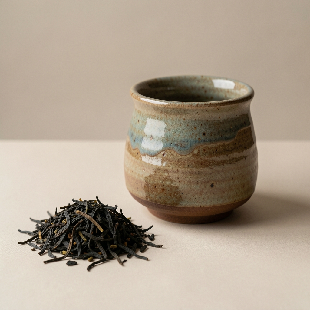 Tetera de cerámica artesanal junto a hojas de té negro sobre mesa neutra