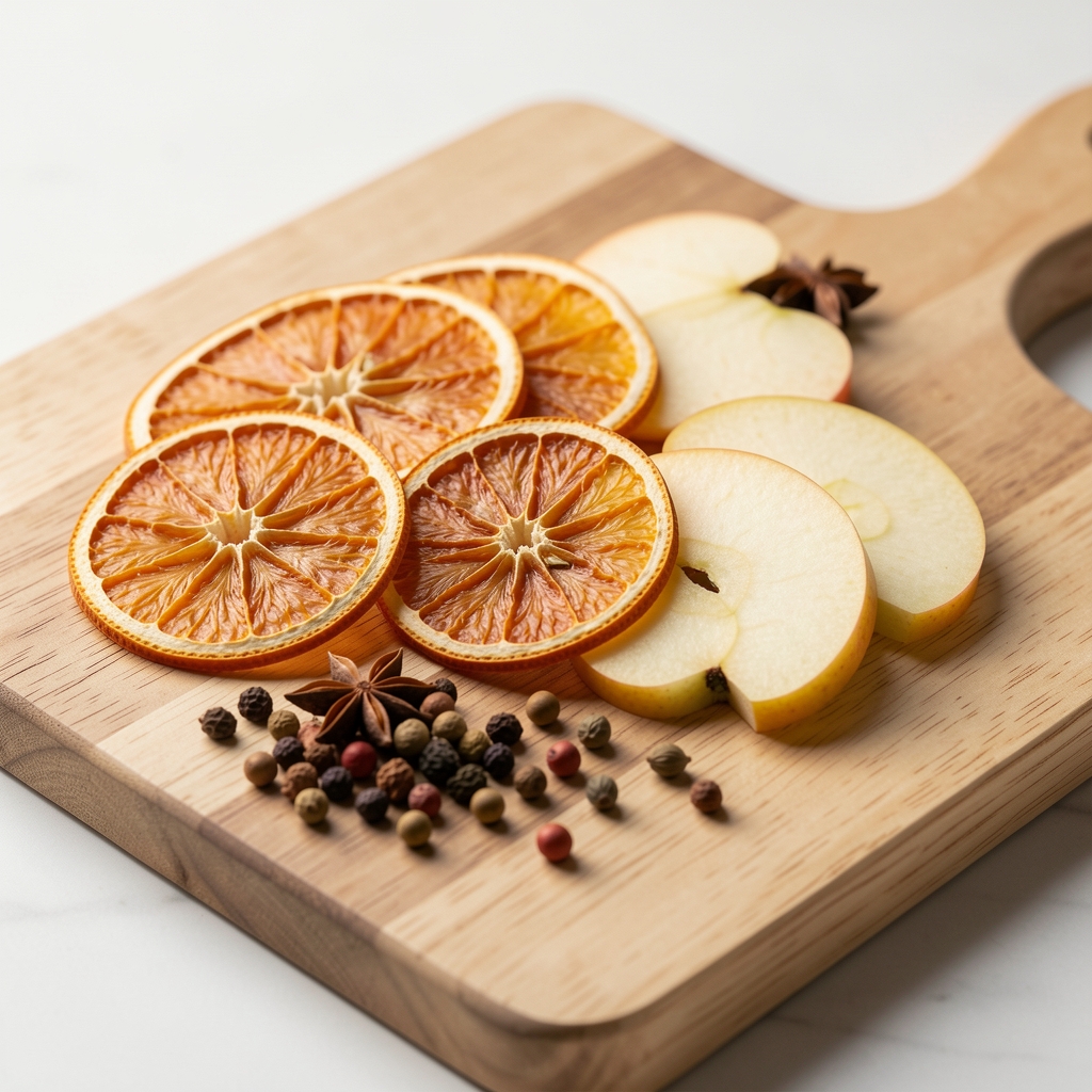 Rodajas de naranja seca, manzana y especias para infusión sobre tabla clara