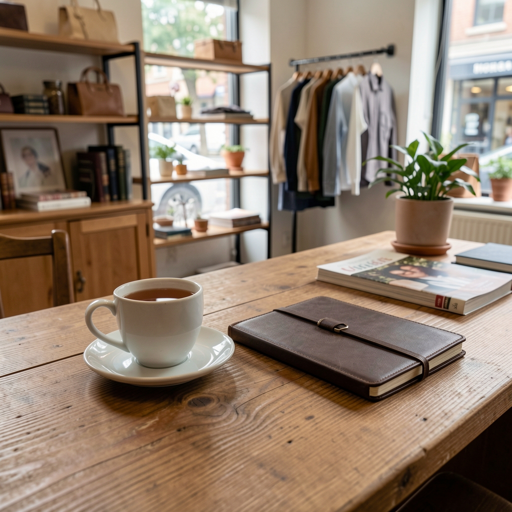 Taza de té, teléfono y libreta sobre escritorio de madera en una boutique tranquila