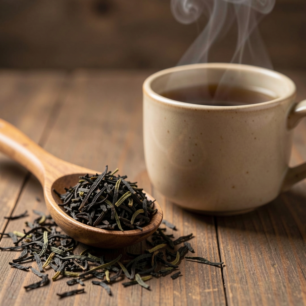 Hojas oscuras de té negro Darjeeling en una cuchara de madera junto a una taza humeante