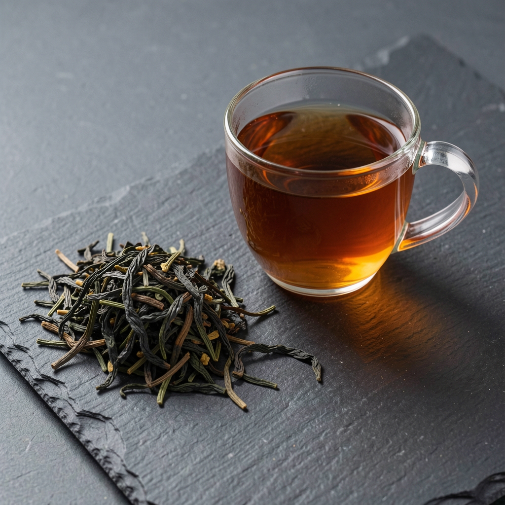Hojas oscuras de Darjeeling y taza de té ámbar sobre pizarra texturada