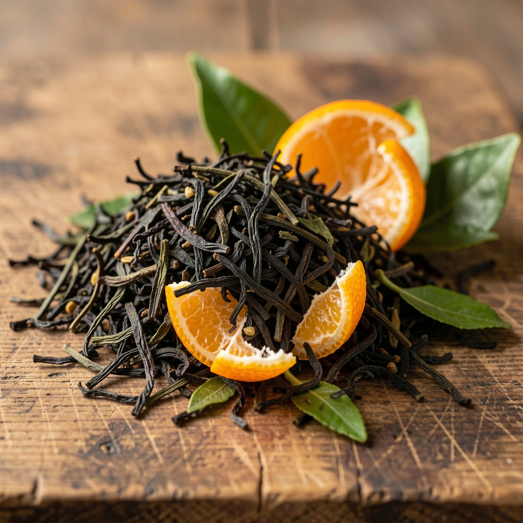 Hojas de té negro con cáscara de bergamota sobre tabla de madera