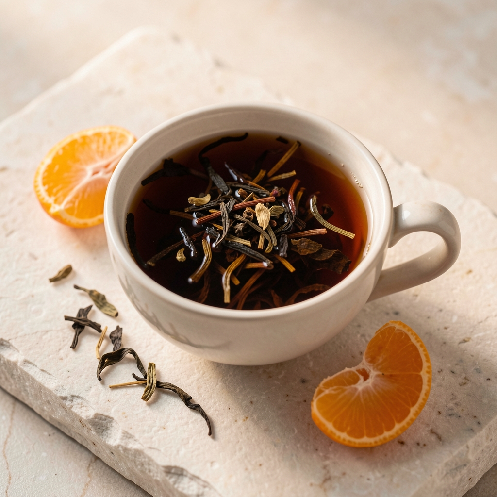 Lata abierta de té negro Earl Grey con hojas aromáticas y cáscara de bergamota sobre piedra clara