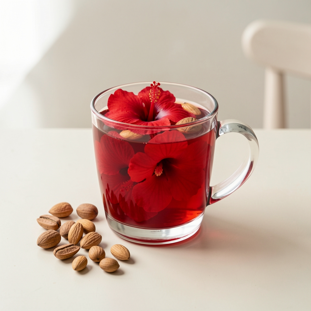 Infusión frutal roja en taza de vidrio con hibisco y frutos secos sobre mesa clara
