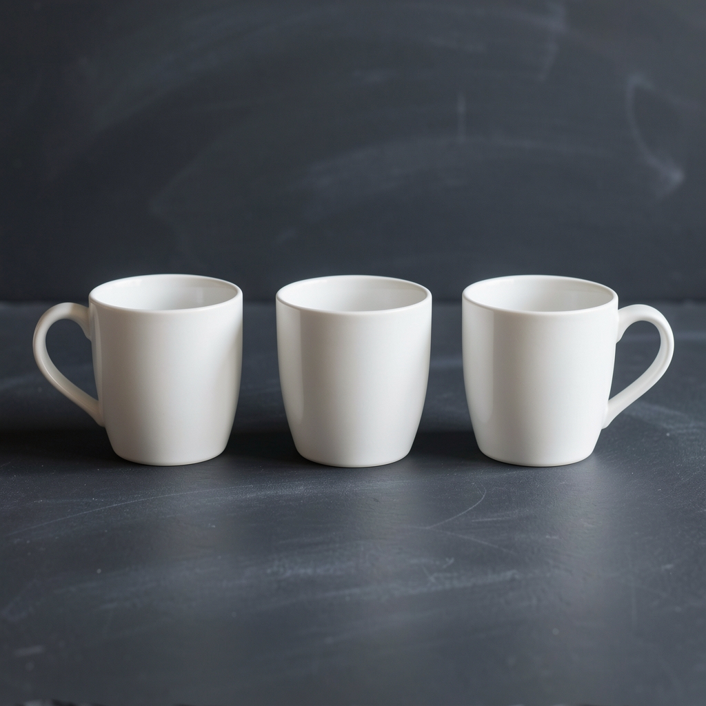 Juego de tres tazas de porcelana sin asa dispuestas en fila sobre una superficie de pizarra