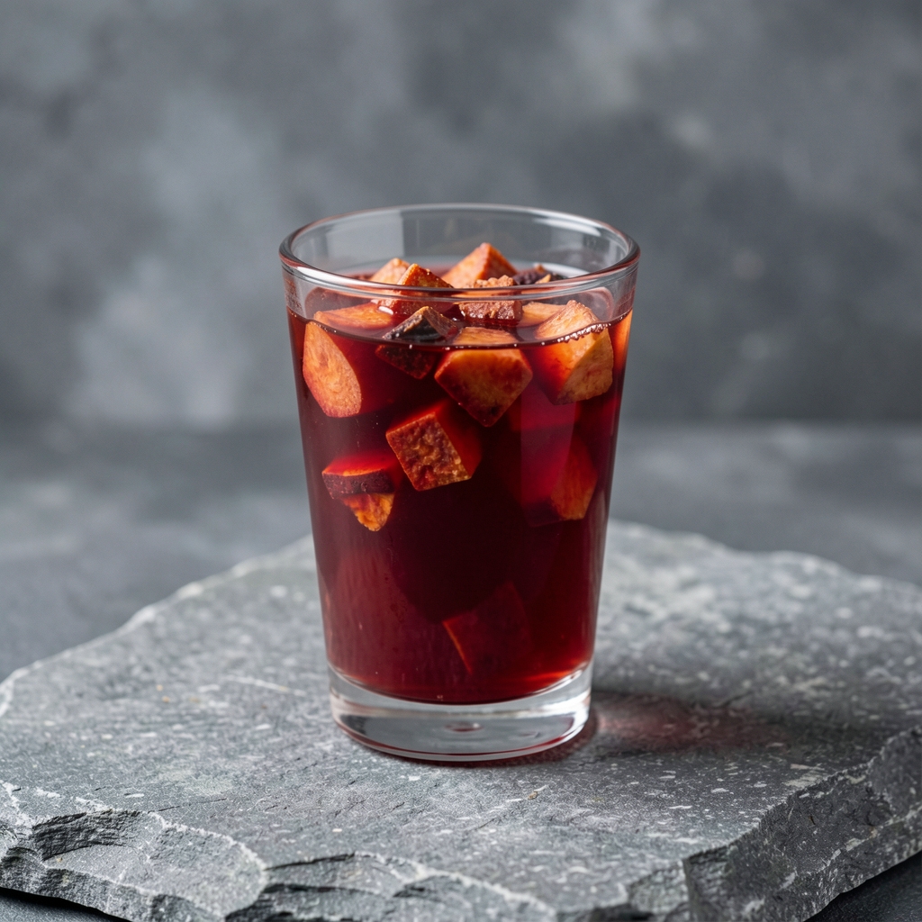Infusión frutal de color rojo intenso con trozos de fruta seca en un vaso de vidrio sobre piedra gris