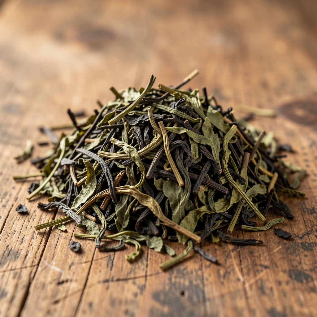Montón de hojas secas de té verde y negro sobre una tabla de madera rústica con luz suave
