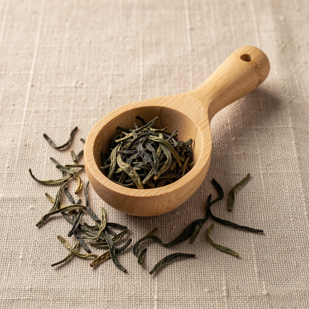 Cucharita medidora de bambú con hojas de té oolong sobre un fondo de lino beige