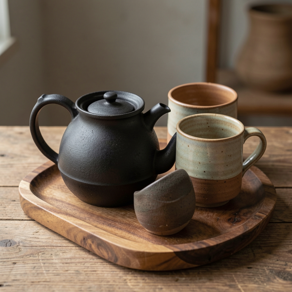 Tetera de hierro fundido oscuro y tazas de cerámica artesanal sobre una bandeja de madera