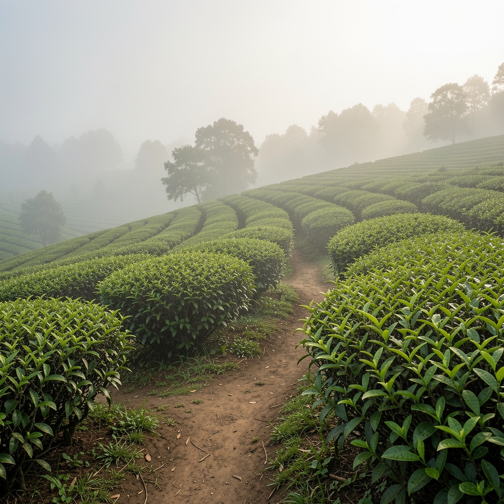 Hileras de arbustos de té verde en una ladera con niebla matinal y senderos de tierra