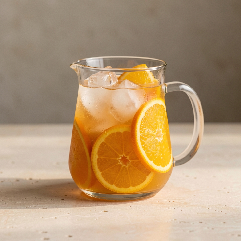 Jarra de vidrio con infusión frutal helada, hielo y rodajas de naranja sobre mesa de piedra clara