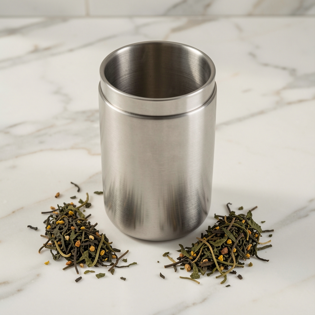 Infusor de té de acero inoxidable con hojas sueltas sobre una superficie de mármol claro