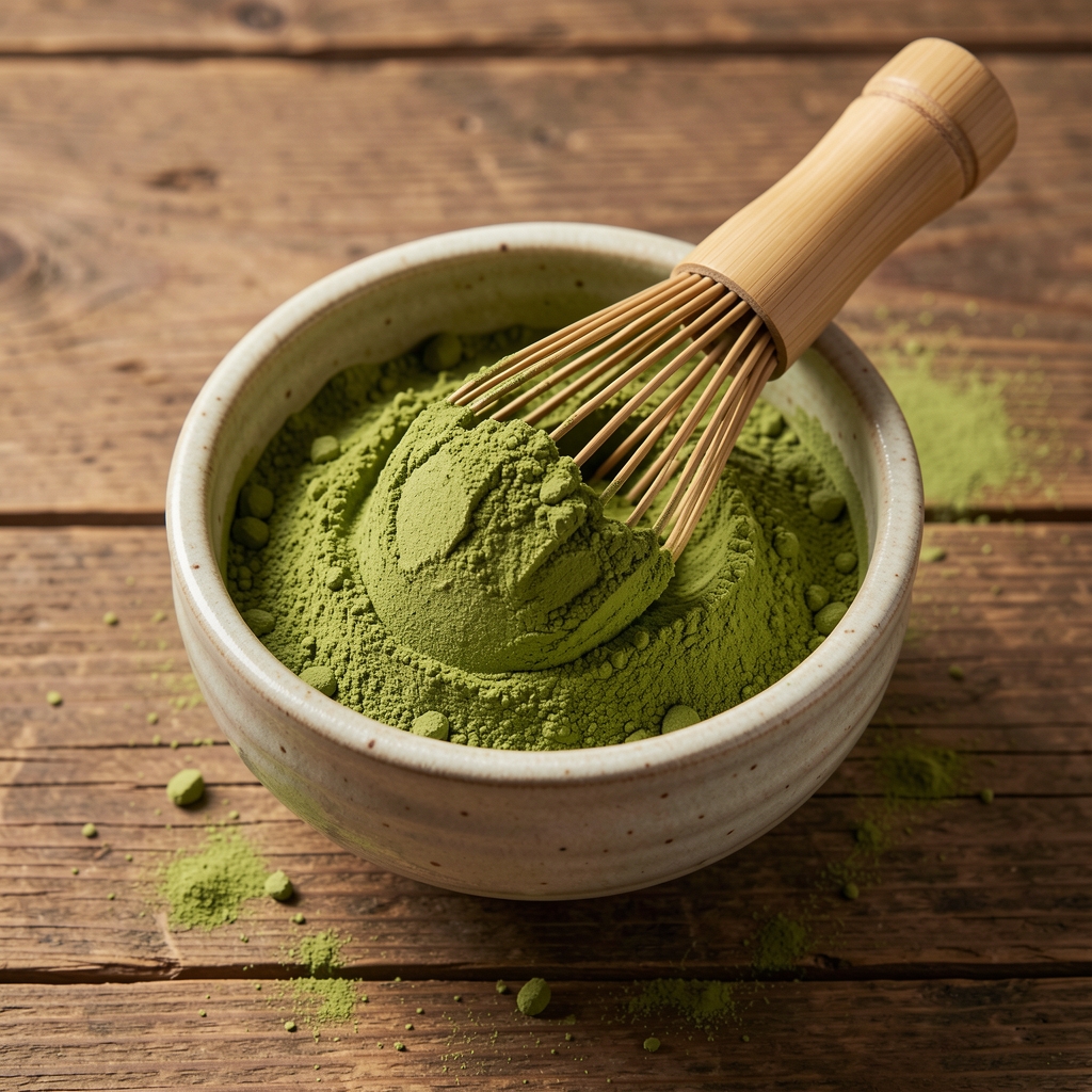 Polvo de matcha verde vivo en un cuenco de cerámica con batidor de bambú sobre madera natural