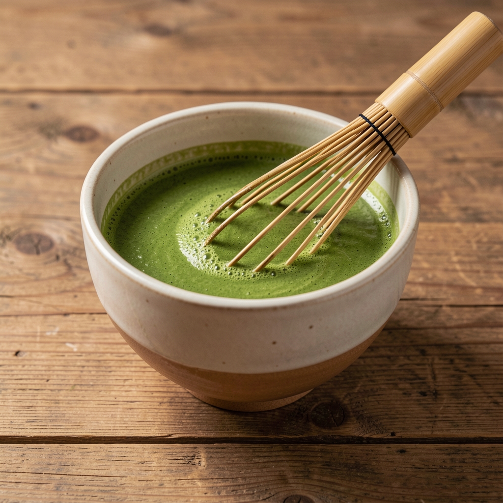 Cuenco de matcha verde intenso con batidor de bambú sobre madera