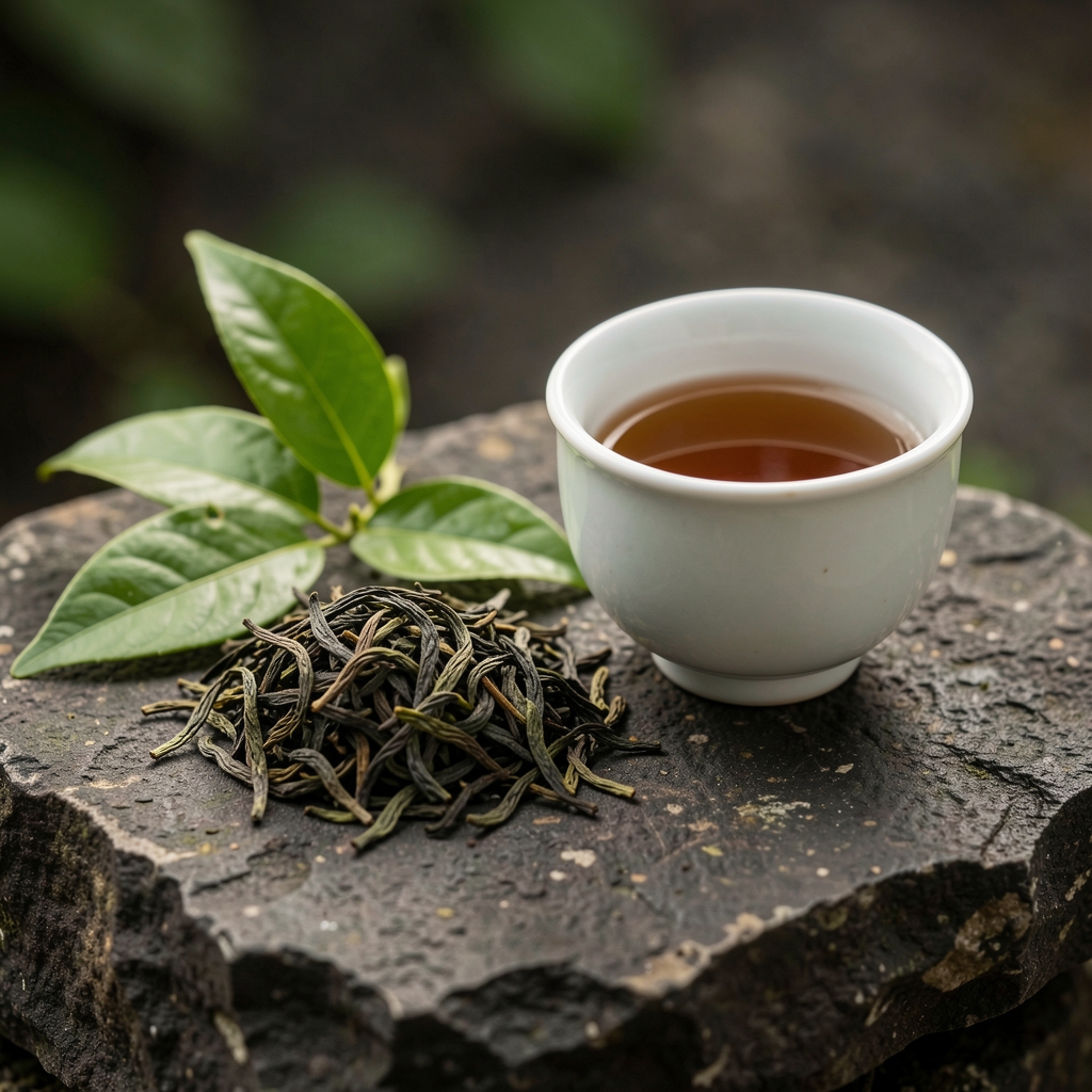 Hojas enrolladas de té oolong de montaña junto a una pequeña taza de porcelana sobre piedra oscura