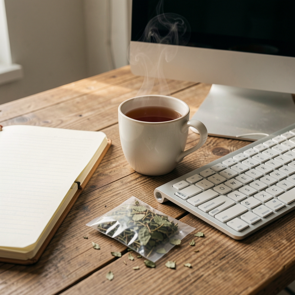 Escritorio de madera con cuaderno, taza de té humeante, paquete de hojas sueltas y teclado de computadora