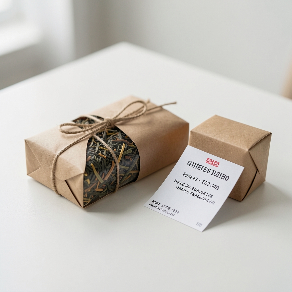 Paquete de té cuidadosamente envuelto junto a una etiqueta de envío sobre mesa clara