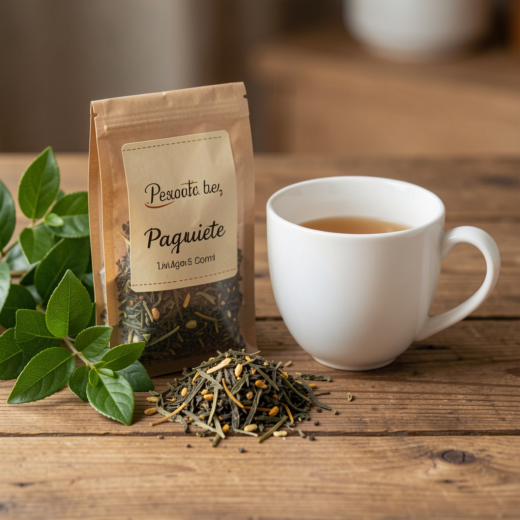 Paquete de té Sencha Primavera junto a hojas verdes y taza de porcelana sobre madera