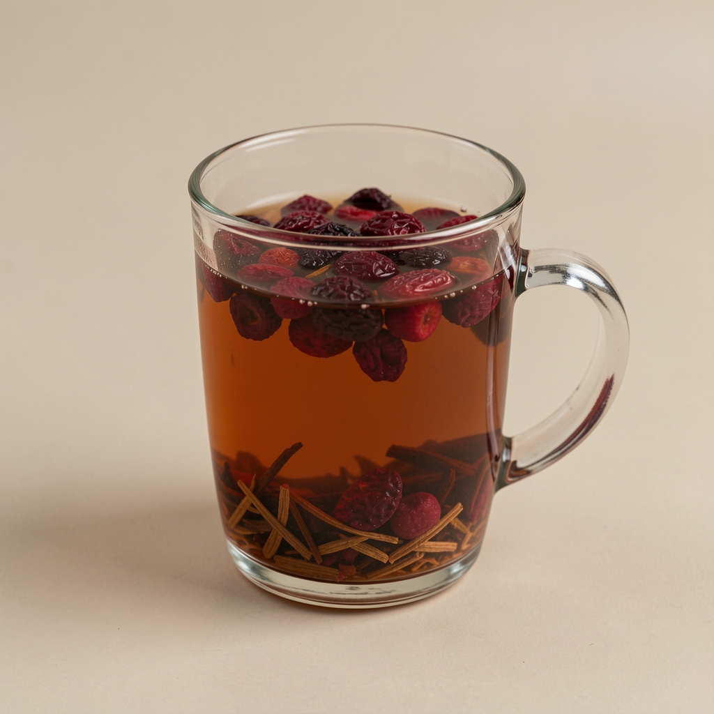 Infusión de rooibos con frutos rojos secos en una taza de vidrio transparente sobre fondo neutro