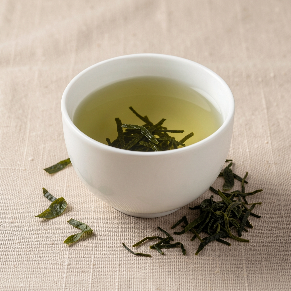 Taza blanca con té verde claro y hojas de sencha sobre lino beige