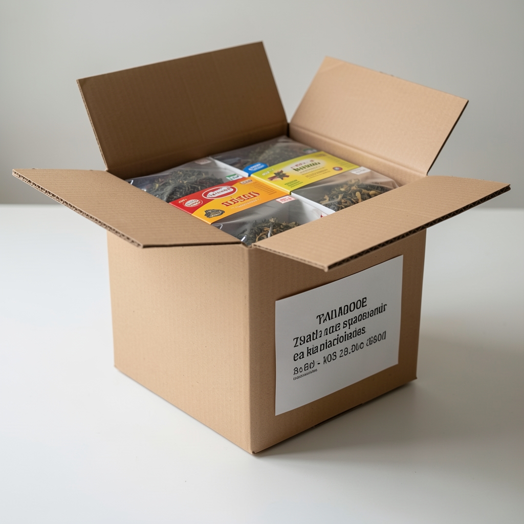 Caja de cartón reciclado con paquetes de té protegidos y etiqueta de entrega nacional