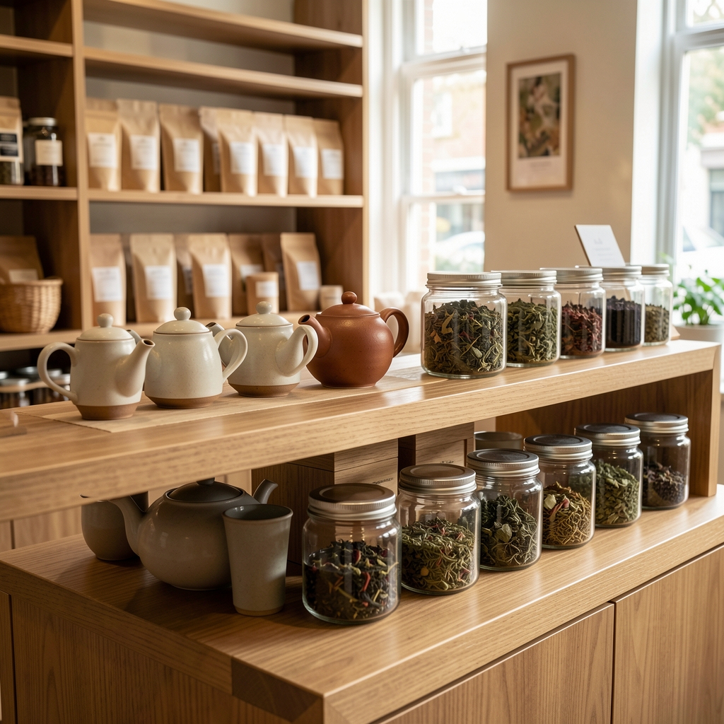 Mostrador de boutique de té con teteras de cerámica y frascos de hojas aromáticas