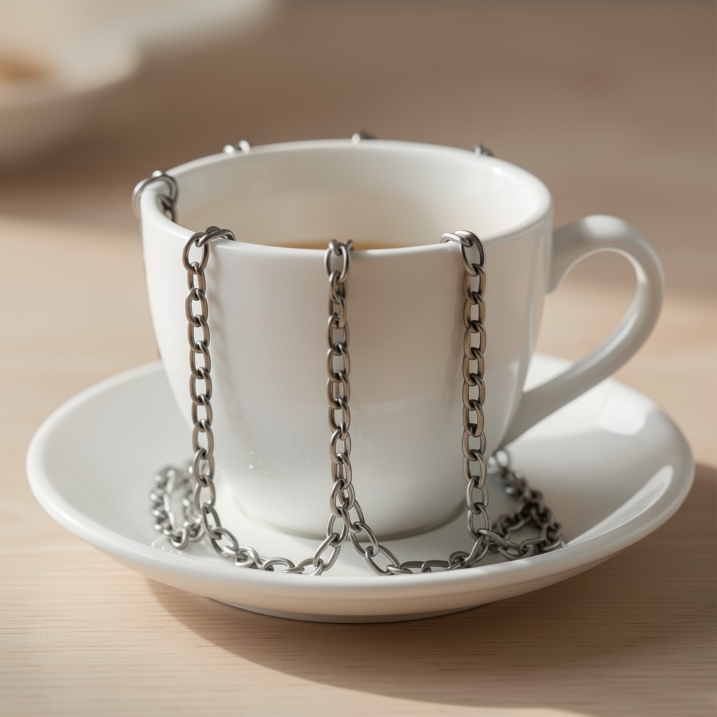 Infusor de acero inoxidable con cadena sobre una taza de porcelana blanca