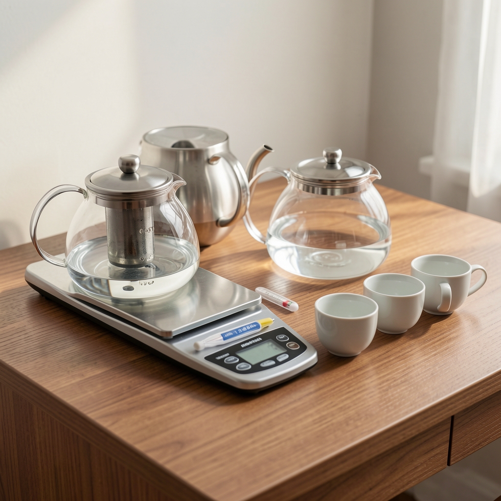 Mesa de cata con teteras de vidrio, balanza digital, termómetro y tazas pequeñas de porcelana