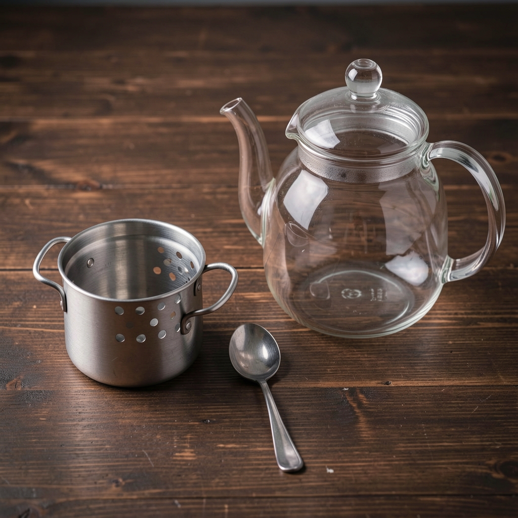 Infusor metálico, cucharita y tetera de vidrio ordenados sobre madera oscura
