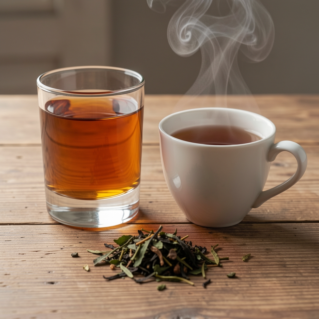 Tetera de vidrio y taza de té humeante junto a hojas sueltas sobre mesa de madera