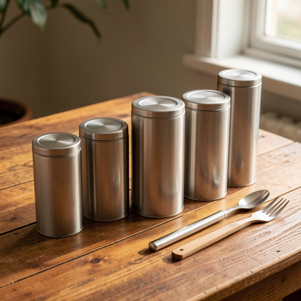 Selección de latas de té y utensilios alineados sobre una mesa de madera de tonos cálidos