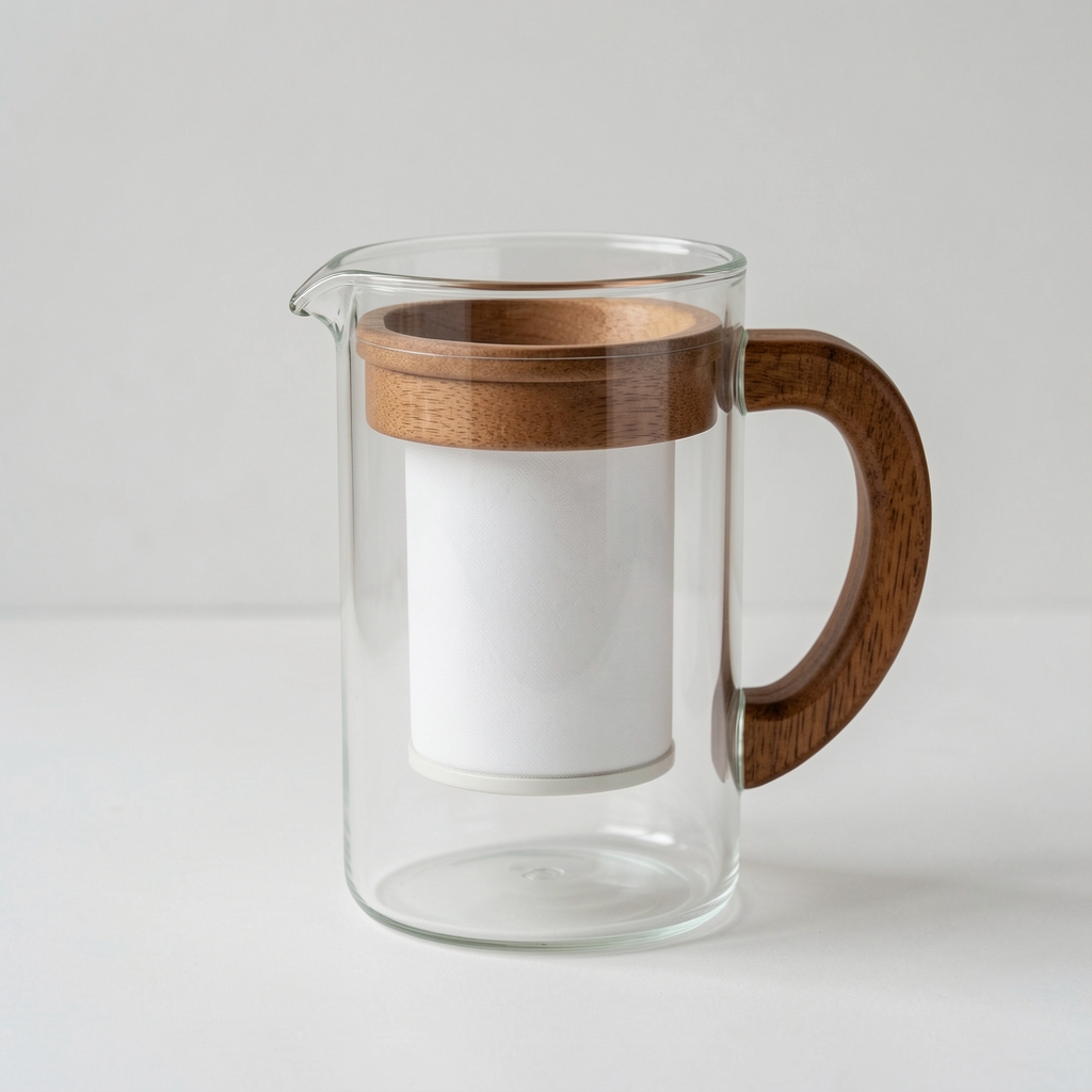 Tetera transparente de vidrio con filtro interno y asa de madera
