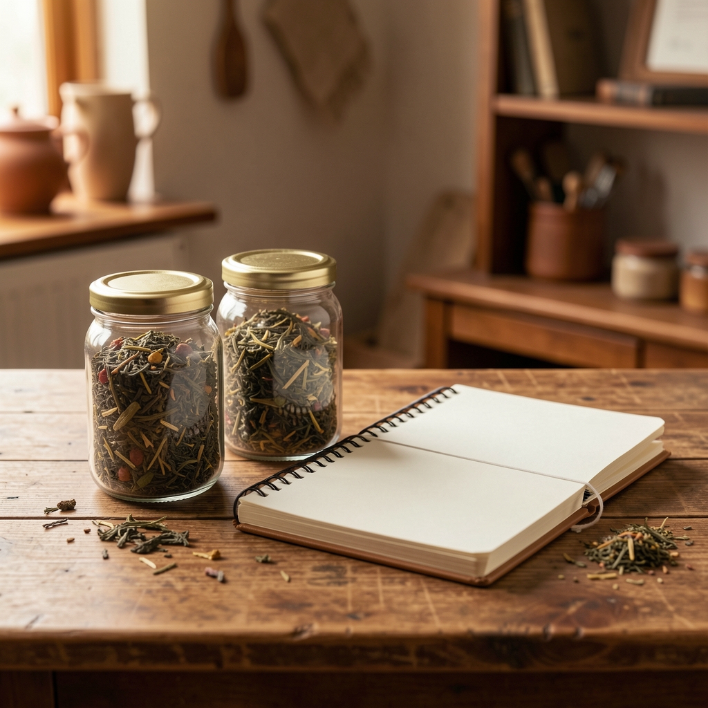 Frascos de té artesanal y cuaderno de selección sobre mesa de madera en estudio cálido