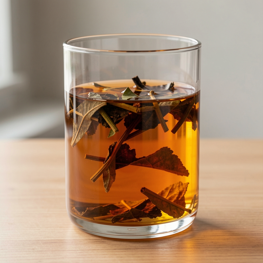 Tetera de vidrio borosilicato de 700 ml con té ámbar infusionando y hojas flotando